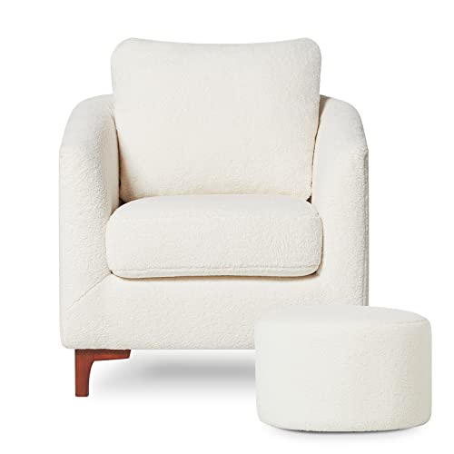 Colamy Sherpa Accent Chair With Ottoman Set, Upholstered Barrel Club Arm Chair With Footrest, Modern Living Room Chair With Back Pillow And Wooden Legs For Bedroom, Corner, Reading Nook, Cream #TOP20