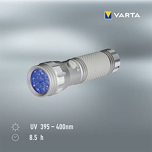 VARTA UV Taschenlampe LED inkl. 3x AAA Batterien, UV Light, zum Prüfen & Verifizieren Banknoten, Fingerabdrücken, Hygienehelfer, zum Erkennen von Schmutzrückständen & Urin von Haustieren