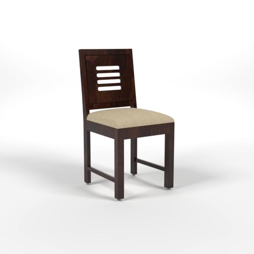 Image of Solid Sheesham Wood Dining Chair for Living Room & Dining Room | Wooden Chair with Upholstered Cushion Seat | Slatted Backrest