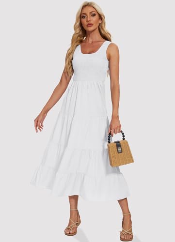 Image of Women's Summer Smocked Maxi Dresses Sleeveless U Neck Ruffle Hem Tiered A Line Flowy Dress