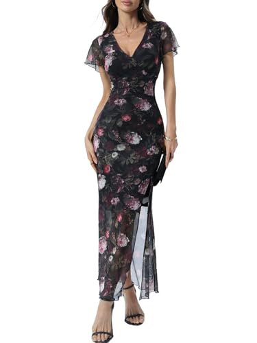 GothDark Women Summer Floral Mesh Midi Dress V Neck High Slit Vintage Gothic Boho Elegant Beach Wedding Guest Date Dresses