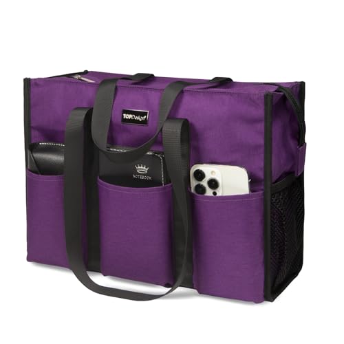 TOPDesign Utility Water Resistant Tote Bag with 13 Exterior & Interior Pockets Top Zipper Closure & Thick Bottom Support for Working Women Teachers Nurses Accountants (Purple)