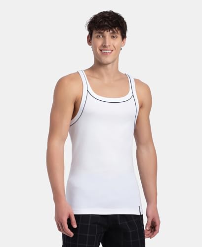 Image of Jockey US54 Men's Super Combed Cotton Rib Square Neckline Gym Vest with Back Panel Graphic Print (Shoulder Starp Color May Vary)