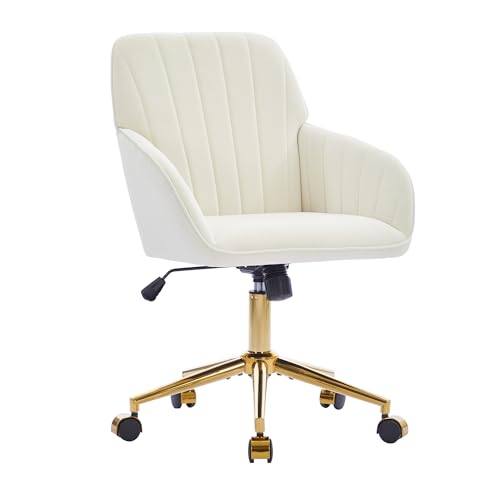YITAI Velvet Office Desk Chair with Wheels and Gold Base Modern Height Adjustable 360 Degree Swivel Upholstered Vanity Chairs with Arms for Living Room Bedroom Study Cream