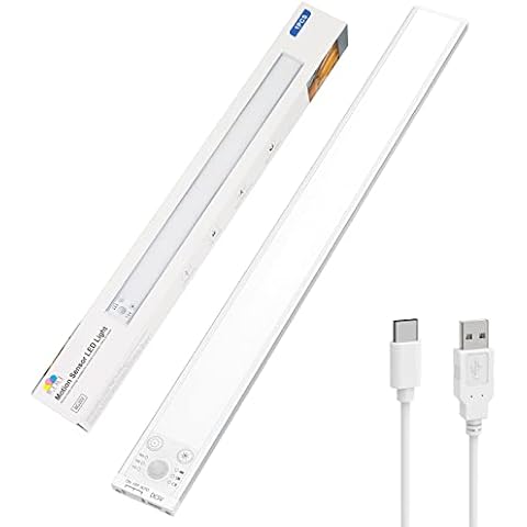 Under Cabinet Kitchen Lights, Under Cupboard Kitchen Lights Rechargeable, 3 Levels Brightness with Stepless Dimmable, Warbrobe Lights Motion Sensor for Shelf, Closet, Stair, and Hallway 40CM Cover