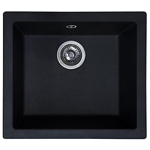 SIA EVOBL 1.0 Bowl Black Composite Inset/Undermount Kitchen Sink and 90mm Basket Strainer Waste Kit with Fitting Clips