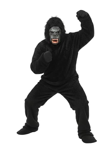 Image of King Kong /Gorilla Costume, Black Furry Full Body Suit with Mask, Hands, Feet for Kids, Adults, Halloween, School Party