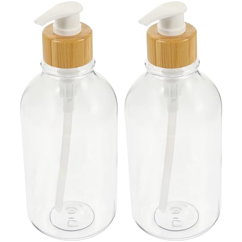 WOFASHPURET Dispensador de Jabón Recargable 2 Piezas 500ml Pet Transparente con Bomba de Bambú de Color Claro, Botella Dosificadora para Ducha y Baño, Contenedor Líquido Hermético para Gel