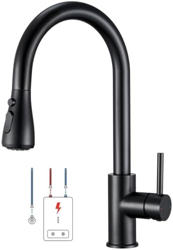 CECIPA Niederdruck Armatur Küche für Boiler, Küchenarmatur Schwarz | Niederdruckarmatur mit 3 Anschlüsse, Mischbatterie Edelstahl für drucklose Untertischgeräte und Boiler, 360 Gra