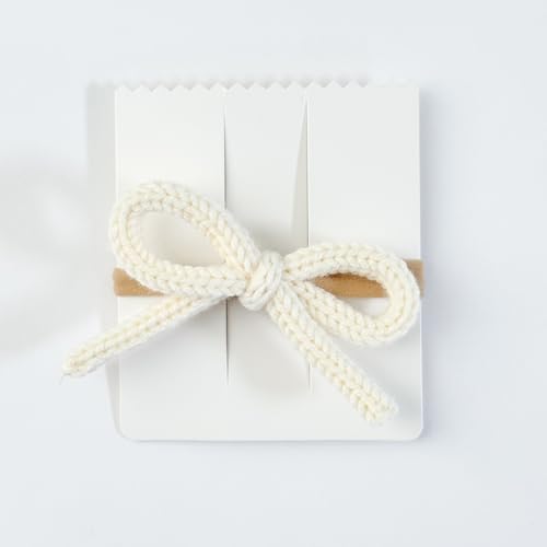 Handmade Ivory Merino Wool Knit Bow Headband, Nylon Headband, Newborn to Toddler Hair Accessory