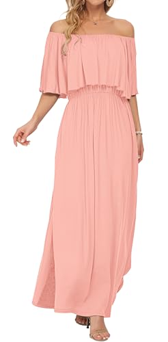 Image of AUSELILY Womens Off Shoulder Ruffle Split Summer Maxi Dresses with Pockets | Off-shoulder Ruffle dress with empire waist & side split for summer beach and casual parties