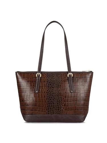 Image of Da Milano Leather Tote Bag for Women - Genuine Brown Handbag with Dual Texture, Zipper Closure & Everyday Elegance