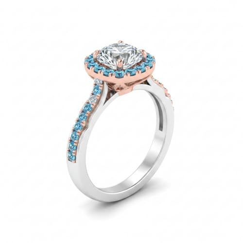 Image of Choose Your Gemstone Cathedral Halo Two Tone Engagement Ring 925 Sterling Silver Round Shape Halo Engagement Rings Lightweight Office Wear Everyday Gift Jewelry US Size 4 to 12