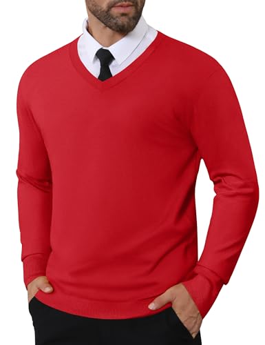 CRYSULLY Men's V Neck Sweater Knitted Pullover Slim Fit Lightweight Casual Vintage Dress Sweater Fall Winter Clothing Tomato Red L