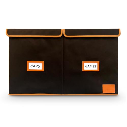 Korgi Co Large Toy Storage Bin with Double Lid and Handles, Inner Divider, Kid Playroom organization, Collapsible, Modern, Labels, Leather Accents, 26