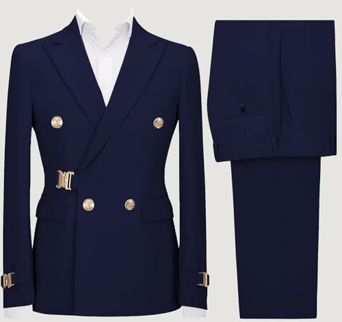 Mens 2 Piece Suit Slim Fit Double Breasted Suit Men Metal Buckle Casual Blazer Jacket Pants Outfit3