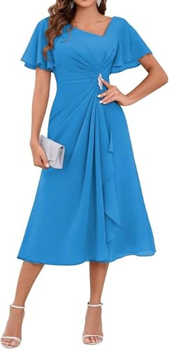 DMCDBHY Fashionbride Chiffon Mother of The Bride Dresses Tea Length Pleated Formal Evening Dress Blue US20 Plus