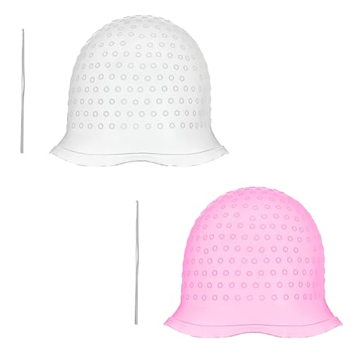 Juego de 2 gorras para mechones de pelo de silicona con ganchillo de metal, suave y duradero, fácil de limpiar, adecuado para mujeres y niñas, 2 unidades (rosa/blanco)