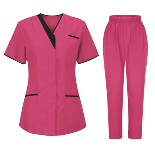 Uniforme Sanitario Mujer Ofertas,Uniformes de Enfermería Juego de Ropa de Trabajo Camiseta Manga Corta con Bolsillos y Pantalones Largos Traje de 2 Piezas Médico Conjunto de Trabajo de Enfermería