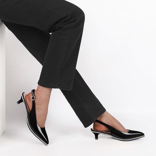 Women Kitten Heels Slingback Pumps Trendy Rhinestones Beaded Pumps Pointed Toe Sandals Ankle-Strap Dress Shoes Office Party 1.5" Black Patent Leather US Size 83