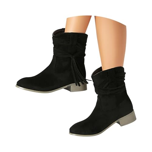 Bottines à talon bas en daim avec nœud à pompon pour femme stylée - 4