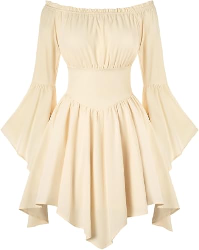 Womens Halloween Pirate Dress Renaissance Costume Ruffle Off Shoulder Bell Sleeve Swing Dress (Begin, S)