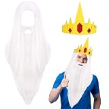 3 Pcs Halloween King Costume Accessory Gold Crown Curly Wig and White Beard for Adult Men Women Halloween Medieval Adventure Cosplay Cartoon Party Dress Up