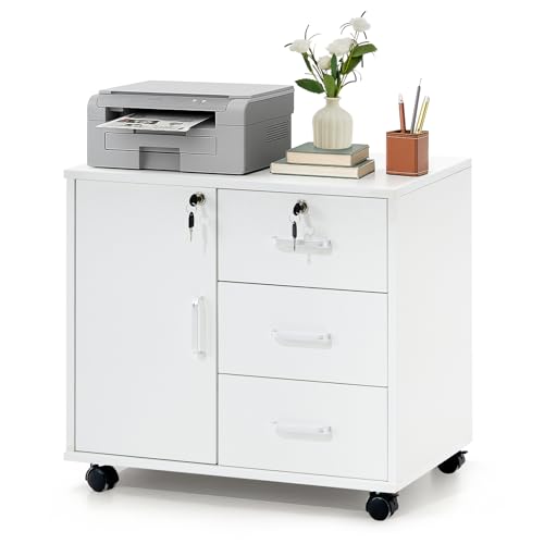 LEMROE Armoire de classement mobile avec armoire verrouillable et 3 tiroirs, armoire de classement latérale de bureau pour documents, support pour imprimante avec...