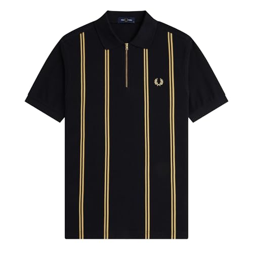 Fred Perry Polo de rayas verticales con media cremallera, color negro y champán, Negro/Champán, L