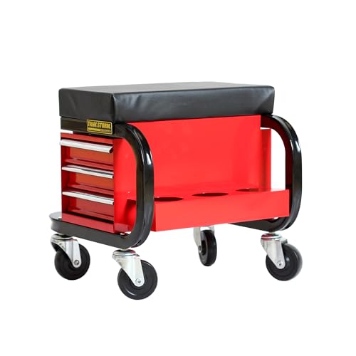Tool Box Built-in Creeper Seat, Garage Shop Roller Seat, 3 Drawer...