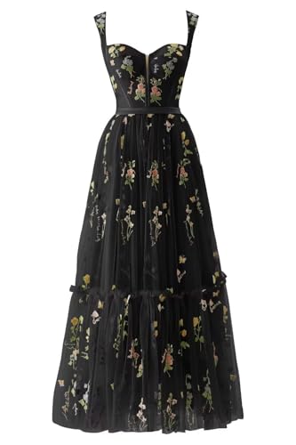 Embroidery Floral Prom Dresses for Women Tea Length Flowy Tulle Corset V Neck Modest Formal Party Dress with Pockets