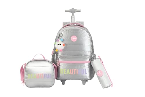 kingdisen Wheels Mochila infantil com rodinhas para bagagem primária, mochila escolar com lancheira, conjunto de 3 peças, Linda prata, Large, Divertida e fofa