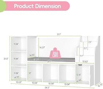 MU Kids Bookshelf with Reading Nook, Toddler Bookcase Bench with Seat Cushion and 7 Storage Cubbies, Kids Reading Nook for Boys & Girls, Toy Storage Bench Box for Bedroom, Playroom, Nursery, White