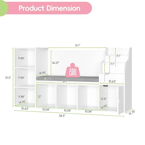 MU Kids Bookshelf with Reading Nook, Toddler Bookcase Bench with Seat Cushion and 7 Storage Cubbies, Kids Reading Nook for Boys & Girls, Toy Storage Bench Box for Bedroom, Playroom, Nursery, White