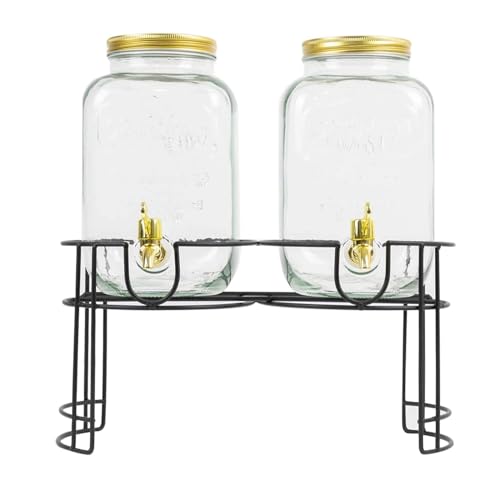 Balsa Circle 2 pcs 2 gallons Clear Glass Beverage Dispensers Jar with Gold Spigot and Stand Set for Party Event Home Bar Buffet Decorations Supplies for Reception & Table Display