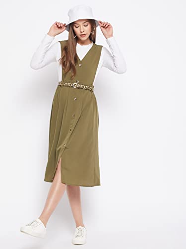 Image of WineRed Women Soild Pinafore Dress with Button
