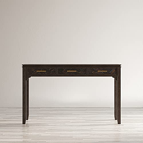 Image of Jofran Mid-Century Modern Acacia Wood Writing Desk with 3 Drawers and USB Charging Port, 48 Inch Computer Desk for Home Office Work, Dark Chevron