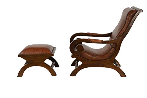 Deco 79 Teak Wood Upholstered Leather Accent Chair With Ottoman With Scrollwork And High Back, Set Of 2 36", 16"H, Brown #TOP3