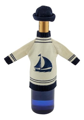Sea-Club Jersey de botella con gorro – barco decoración marítima algodón altura 18 cm diámetro = 8 cm