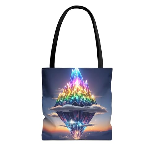 A Glowing Prism Mountain Floating in Sky Premium Tote Bag with Reinforced Stitching on Candles
