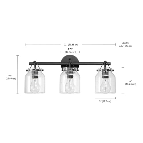 Image of Globe Electric 63000207 5-Piece All-in-One Bathroom Set, 22 inch 3-Light Vanity Light, Matte Black, Seeded Glass Shades, Towel Bar, Robe Hook, Toilet Paper Holder, Towel Ring, Bathroom Lights Over Mirror