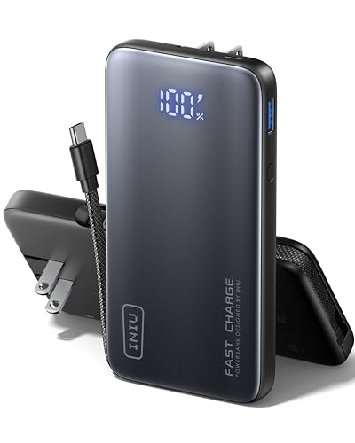 INIU 3-in-1 Power Bank with Built-in Foldable AC Wall Plug & USB C Cable, Slimmest 45W Max Fast Charging 10000mAh Portable Charger for Travel Essentials, for iPhone 17/16/15, Samsung, iPad, Laptop etc
