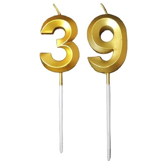 Image of ToyUniverse Number 39 Metallic Gold Candle for 39th Birthday, Anniversary, Surprise Party Cake Decoration (Pack of 2)
