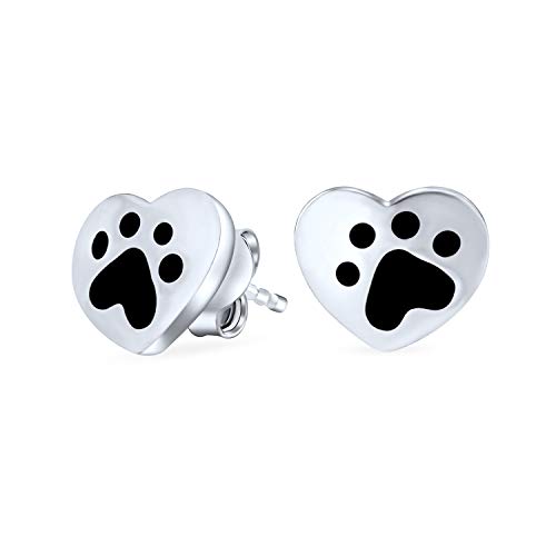 Nero smalto cane gatto cucciolo gattino Bff animale animale amante cuore a forma di zampa stampa orecchini 925 Sterling Argento