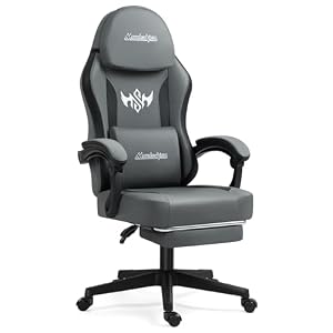 Ergonomic Gaming Chair, Cat-Scratch Proof Leather, Game Chair with Footrest, Flat Seat for Cross-Legged Sitting, Lumbar Massager,Reclining Heavy Duty Office Home Chair, Adjustable Armrest (Grey)