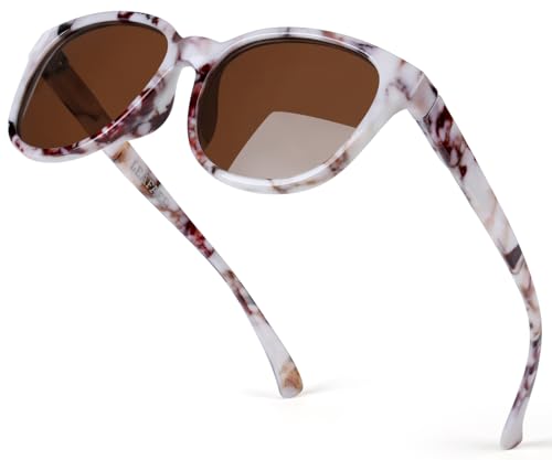 Polarized Sunglasses for Women, White Marble Print Frame and Brown
