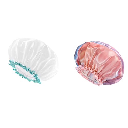 Mikimini White Shower Cap For Long Hair 1 Pack, 12Inch Large Size&Rainbow Series Shower Cap 1 Pack, 12Inch Double Waterproof Soft Peva Lining(B) #TOP18