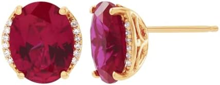 Welry Created Ruby Oval Stud Earrings with Diamonds in 10K Yellow Gold