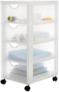 Iris Ohyama, Storage tower, Plastic organizer, 4 drawers of 4 L, Ergonomic handles, Wheels, A4 format, Office, Bedroom, Living room, Bathroom - DDDC-004 - Frosted white