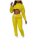 Trainingsanzug Damen Kordelzug Weich Bauchfrei Lang Hose Und Tops Park Rundhals Lang Hose Und Tops Damen Winter Langarm Schlichte Tailliert Schöne Gelb